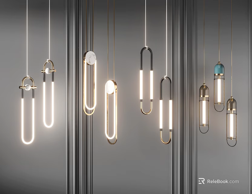 Modern Pendant Lights Featuring Various Shapes Metal Frames Glass Elements And Illuminated Tubes 3d model