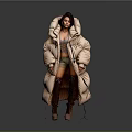 Woman In Long Puffer Coat With Shorts And Knee High Boots On Dark Background