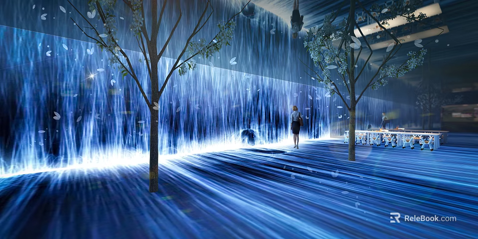 Amusement Park Water Curtain Scene With Trees And Lights 3d model 