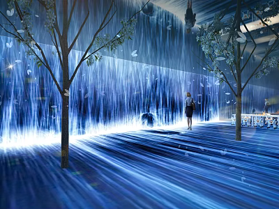 Amusement Park Water Curtain Scene With Trees And Lights 3d model