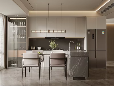 Modern Restaurant Open Kitchen Design With Island Counter Hanging Lights And Dining Chairs 3d model