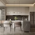Modern Restaurant Open Kitchen Design With Island Counter Hanging Lights And Dining Chairs