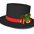 Black Top Hat With Red Ribbon Green Holly Leaves And Gold Bells For Christmas