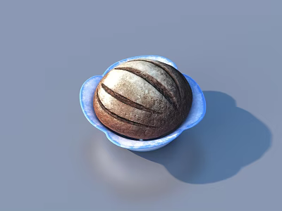 Fresh Artisanal Bread Loaf in Blue Ceramic Bowl with Surface Slash Marks 3d model