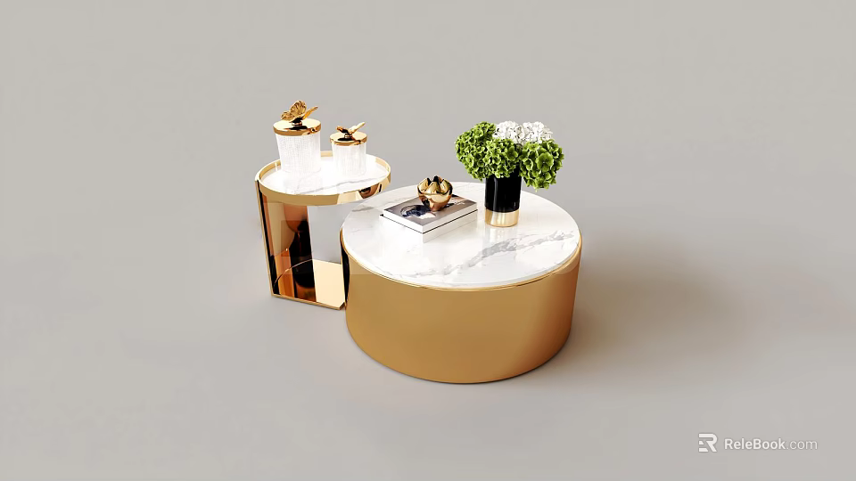 Luxury Round Coffee Table With Marble Top Gold Base And Decor 3d model