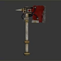 Unique Weapon Featuring Metal Pole Golden Accents Red Component And Serrated Edge