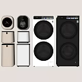 White And Black Modern Home Appliances Including Washing Machines Dryers And Compact Units