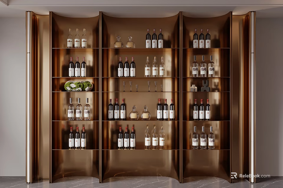 Modern Elegant Gold Wine Cabinet With Multiple Shelves Holding Wine Bottles And Glassware 3d model 