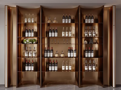 Modern Elegant Gold Wine Cabinet With Multiple Shelves Holding Wine Bottles And Glassware 3d model