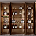 Modern Elegant Gold Wine Cabinet With Multiple Shelves Holding Wine Bottles And Glassware