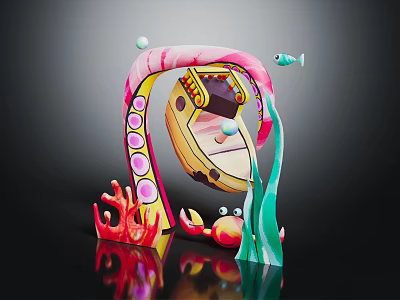 Vibrant Underwater Scene Decoration With Arched Pink Structure Red Coral Crab And Blue Fish 3d model