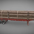 Red Trailer Loaded With Stacked Large Natural Wooden Logs For Transport