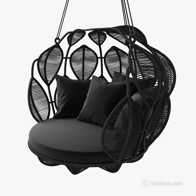 Black Woven Hanging Chair With Leaf Design And Black Pillows Cushion 3d model 