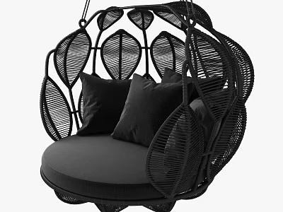 Black Woven Hanging Chair With Leaf Design And Black Pillows Cushion 3d model