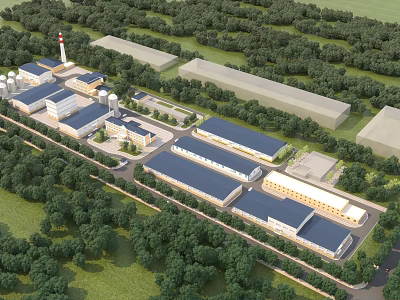 Industrial Factory Complex With Multiple Warehouse Buildings Surrounded By Lush Green Trees 3d model