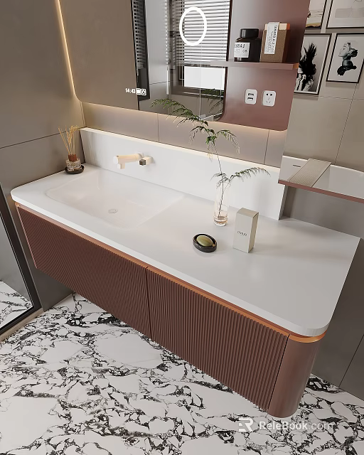 Modern Bathroom Interior Design With White Countertop Brown Cabinets Mirror And Small Plant 3d model 