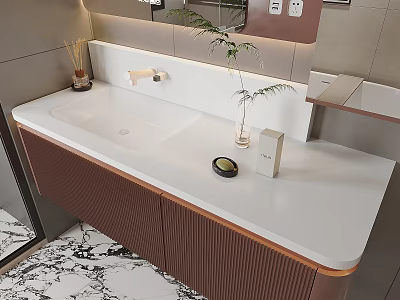 Modern Bathroom Interior Design With White Countertop Brown Cabinets Mirror And Small Plant 3d model