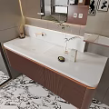 Modern Bathroom Interior Design With White Countertop Brown Cabinets Mirror And Small Plant