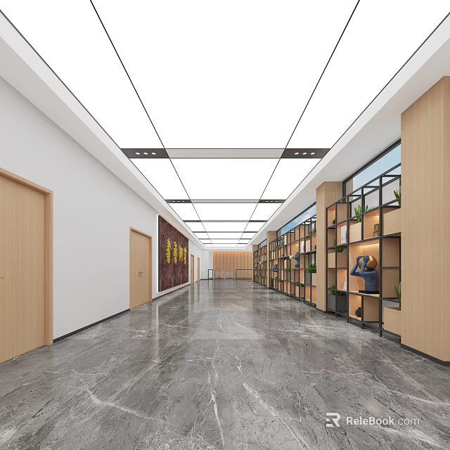 School Corridor With Wooden Bookshelves Marble Floor And Decorative Wall Art Design 3d model 