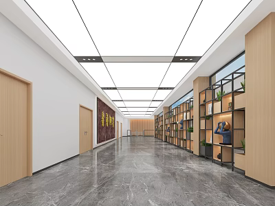 School Corridor With Wooden Bookshelves Marble Floor And Decorative Wall Art Design 3d model