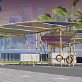 Leaf Shaped Pergola With Colorful Glass Panels And Wooden Frame On Gray Paved Floor