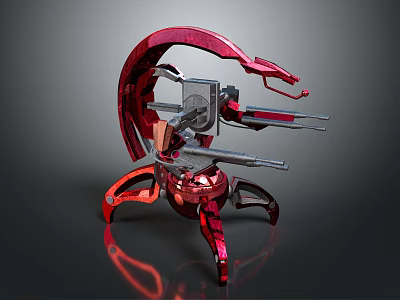 Futuristic Red Metallic Mechanical Device With Articulated Arms And Reflective Base 3d model