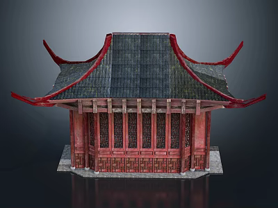 Traditional Chinese Ancient Architecture With Red Curved Eaves Black Tiled Roof And Carved Windows 3d model
