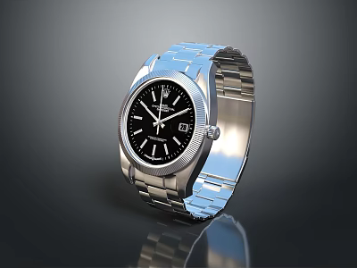 Luxury Fashion Accessory Rolex Wristwatch With Silver Metal Band And Black Dial 3d model