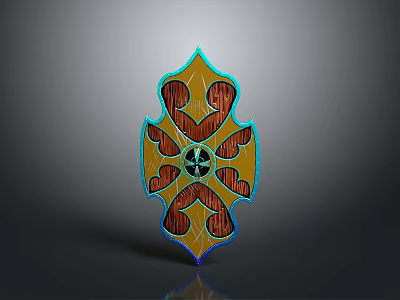 Decorative Shield Design With Wooden Texture Yellow Blue Border and Symmetrical Ornate Center 3d model