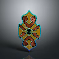 Decorative Shield Design With Wooden Texture Yellow Blue Border and Symmetrical Ornate Center