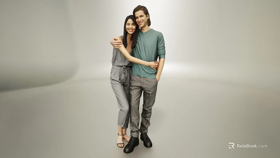 Two Happy People Embracing In Casual Outfits Against Neutral Studio Background 3d model 