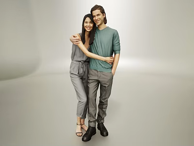Two Happy People Embracing In Casual Outfits Against Neutral Studio Background 3d model