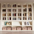 White Bookshelf With Arched Doors And Lattice Panels Filled With Books And Woven Baskets