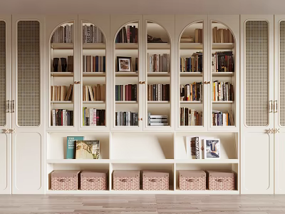 White Bookshelf With Arched Doors And Lattice Panels Filled With Books And Woven Baskets 3d model