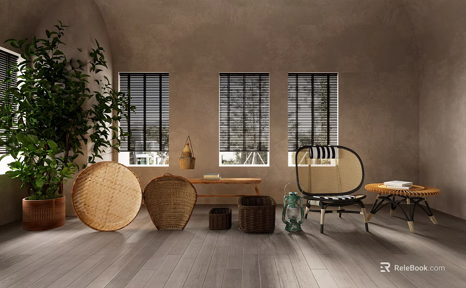 Natural Style Entryway Cabinet And Side Cabinet With Wicker Baskets And Green Plant 3d model 
