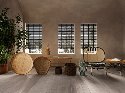 Natural Style Entryway Cabinet And Side Cabinet With Wicker Baskets And Green Plant 3d model