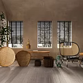 Natural Style Entryway Cabinet And Side Cabinet With Wicker Baskets And Green Plant