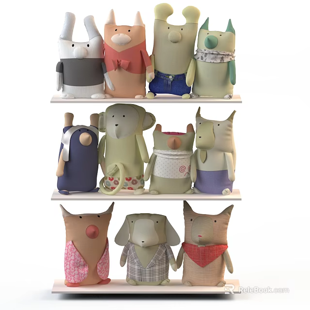 Plush Stuffed Animal Dolls On Tiered Shelves With Colorful Outfits And Various Designs 3d model 