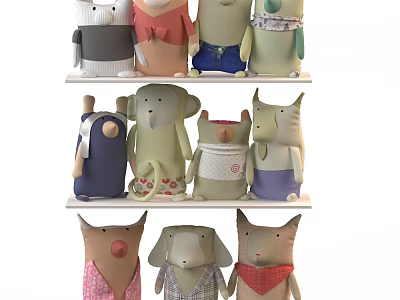 Plush Stuffed Animal Dolls On Tiered Shelves With Colorful Outfits And Various Designs 3d model