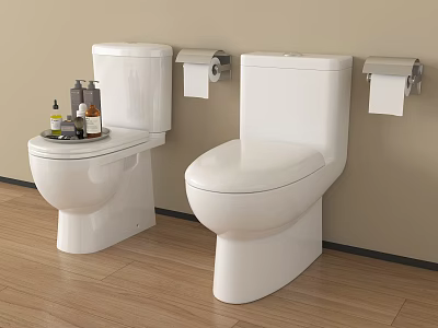 Modern White Toilets In Bathroom With Toilet Paper Holders And Toiletries 3d model