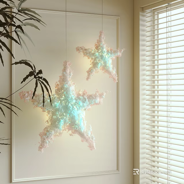 Iridescent Starfish Pendant Lights Hanging In Room With Palm Leaves And Window Blinds 3d model 