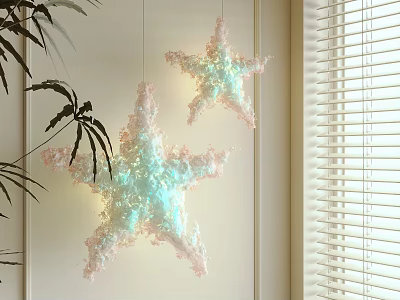 Iridescent Starfish Pendant Lights Hanging In Room With Palm Leaves And Window Blinds 3d model