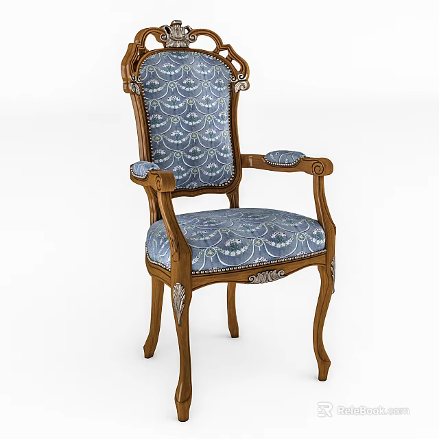 Classic Carved Wooden Frame Armchair With Blue Patterned Fabric Backrest And Seat 3d model 