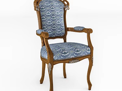 Classic Carved Wooden Frame Armchair With Blue Patterned Fabric Backrest And Seat 3d model