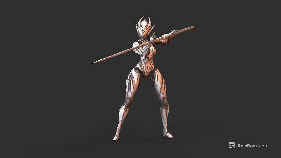 Futuristic Female Game Movie Character Wearing Silver Gold Armor Holding Spear In Combat Stance 3d model 