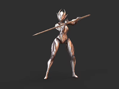 Futuristic Female Game Movie Character Wearing Silver Gold Armor Holding Spear In Combat Stance 3d model