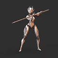 Futuristic Female Game Movie Character Wearing Silver Gold Armor Holding Spear In Combat Stance