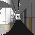 Modern Office Corridor With Curved Walls Ceiling Lights Yellow White Cabinets And Gray Carpet