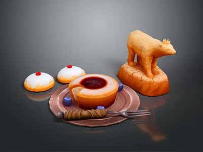 Delicious Jam Tart With Sugar Topped Cakes And Wooden Bear Decoration On Plate 3d model