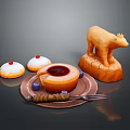 Delicious Jam Tart With Sugar Topped Cakes And Wooden Bear Decoration On Plate